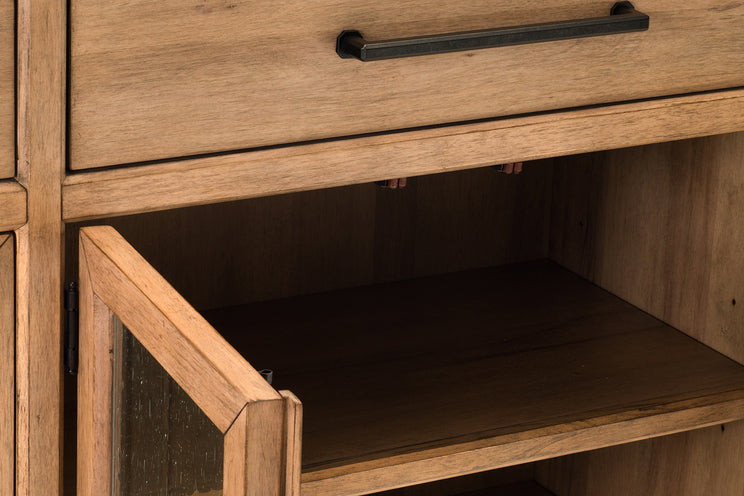 Wooden cabinet with open shelf and closed drawer
